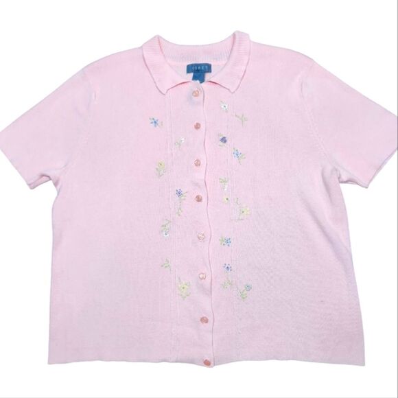 Vintage 90s ? Sweater Cardigan Embroidered Flowers Floral Soft Baby Pink Short S - Picture 1 of 12